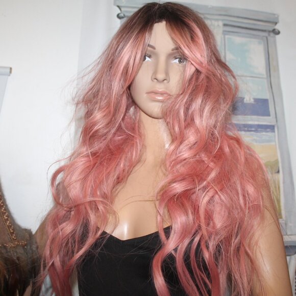 New 26" Human Hair Blend Heat Resistant Wig Pink Ombre Bangs Extensions Cosplay